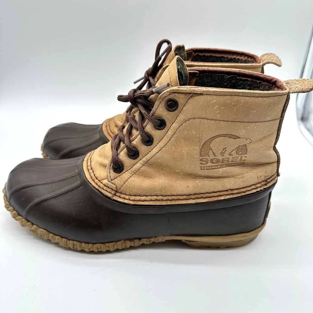 Vintage Sorel Kaufman Canada Mens Tan Brown Leather Rubber Duck Boots 11